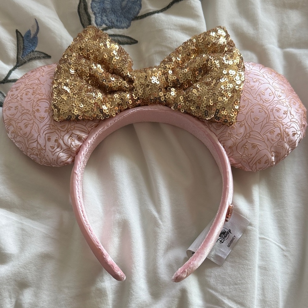 Disney Pink Minnie Ear Headband with Gold Sequin Bow and every princess’ face